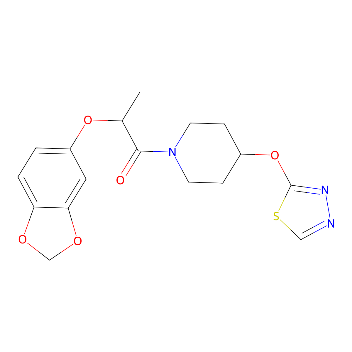 2-(2H-1,3-benzodioxol-5-yloxy)-1-[4-(1,3,4-thiadiazol-2-yloxy)piperidin-1-yl]propan-1-one molecular structure, CAS 2194903-37-0