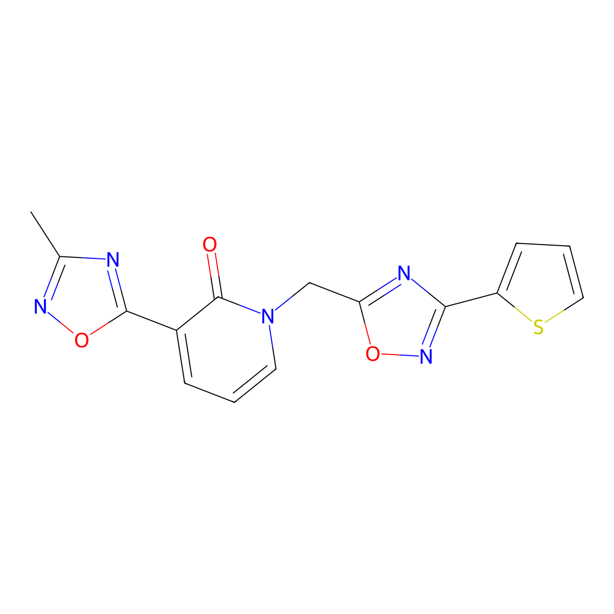 3-(3-methyl-1,2,4-oxadiazol-5-yl)-1-((3-(thiophen-2-yl)-1,2,4-oxadiazol-5-yl)methyl)pyridin-2(1H)-one molecular structure, CAS 2194903-80-3