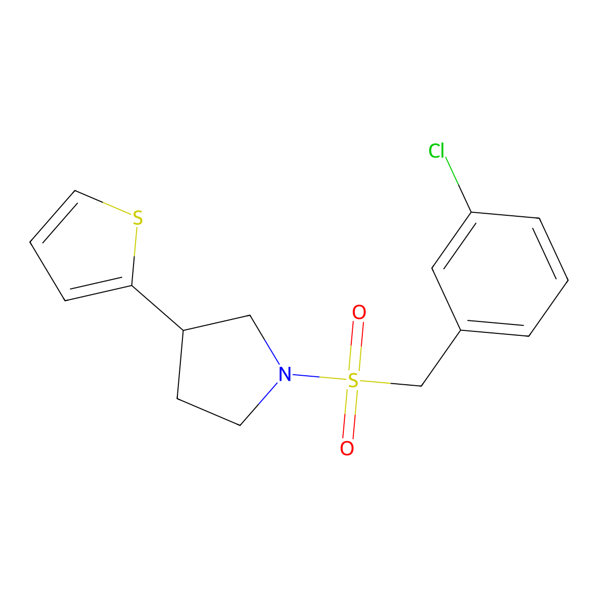 1-((3-Chlorobenzyl)sulfonyl)-3-(thiophen-2-yl)pyrrolidine molecular structure, CAS 2194906-17-5