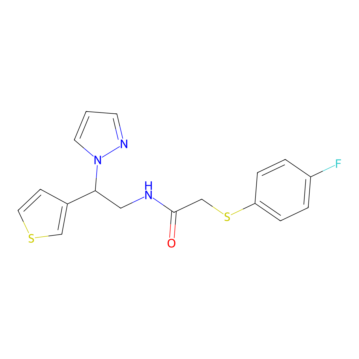 2-[(4-fluorophenyl)sulfanyl]-N-[2-(1H-pyrazol-1-yl)-2-(thiophen-3-yl)ethyl]acetamide molecular structure, CAS 2194906-57-3