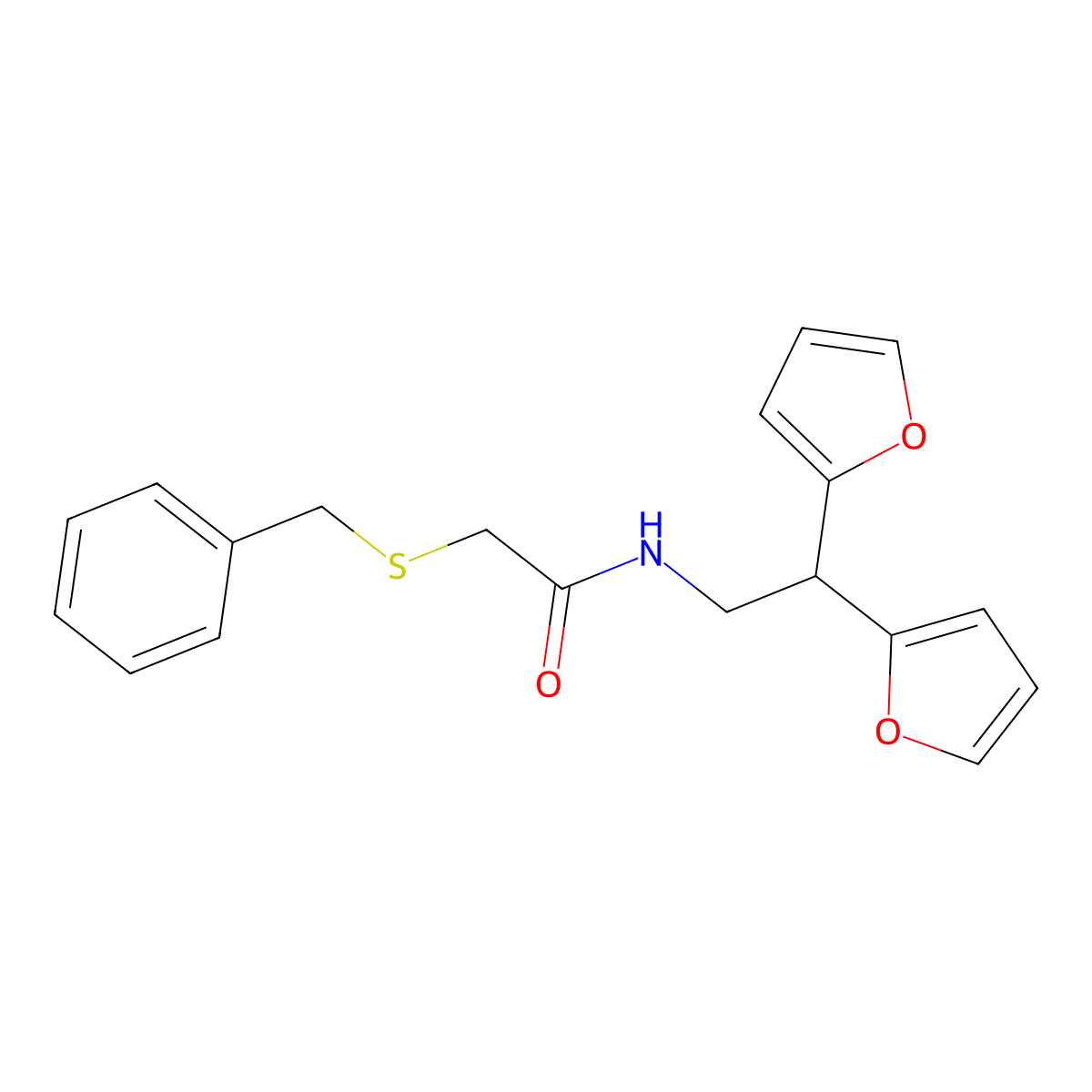2-(benzylthio)-N-(2,2-di(furan-2-yl)ethyl)acetamide molecular structure, CAS 2194906-71-1