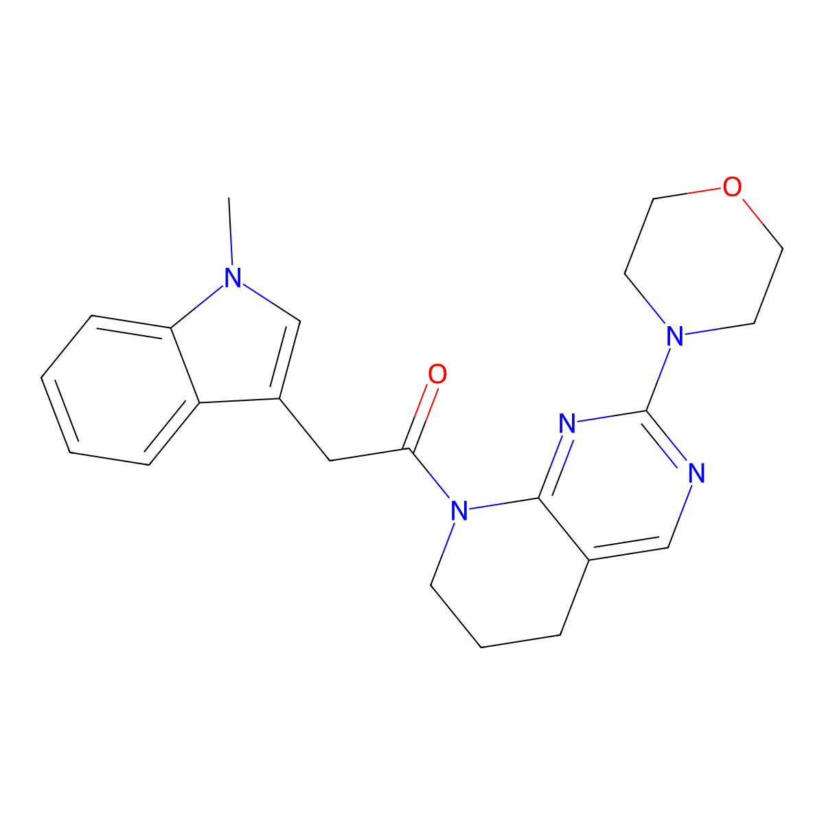 2-(1-methyl-1H-indol-3-yl)-1-(2-morpholino-6,7-dihydropyrido[2,3-d]pyrimidin-8(5H)-yl)ethan-1-one molecular structure, CAS 2194907-13-4