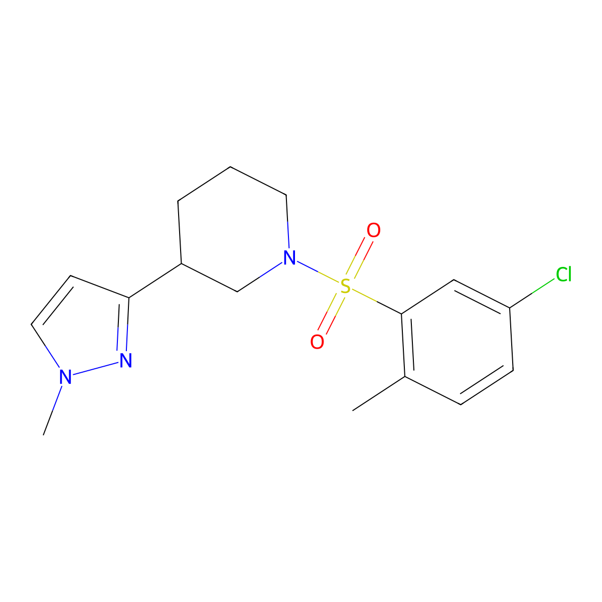 1-((5-chloro-2-methylphenyl)sulfonyl)-3-(1-methyl-1H-pyrazol-3-yl)piperidine molecular structure, CAS 2194907-22-5