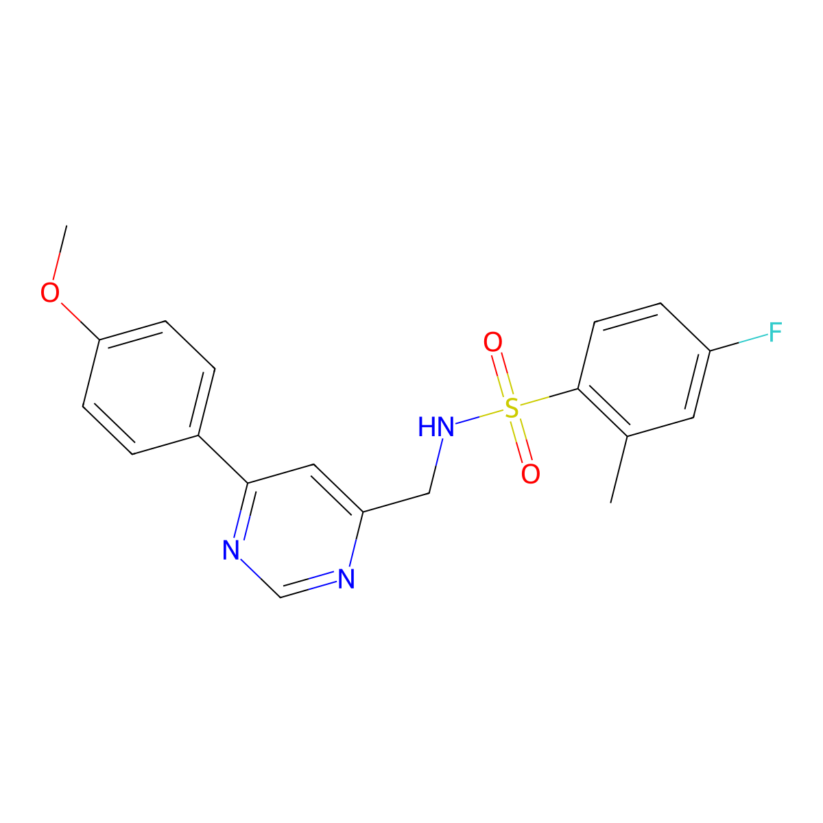 4-fluoro-N-((6-(4-methoxyphenyl)pyrimidin-4-yl)methyl)-2-methylbenzenesulfonamide molecular structure, CAS 2194907-30-5