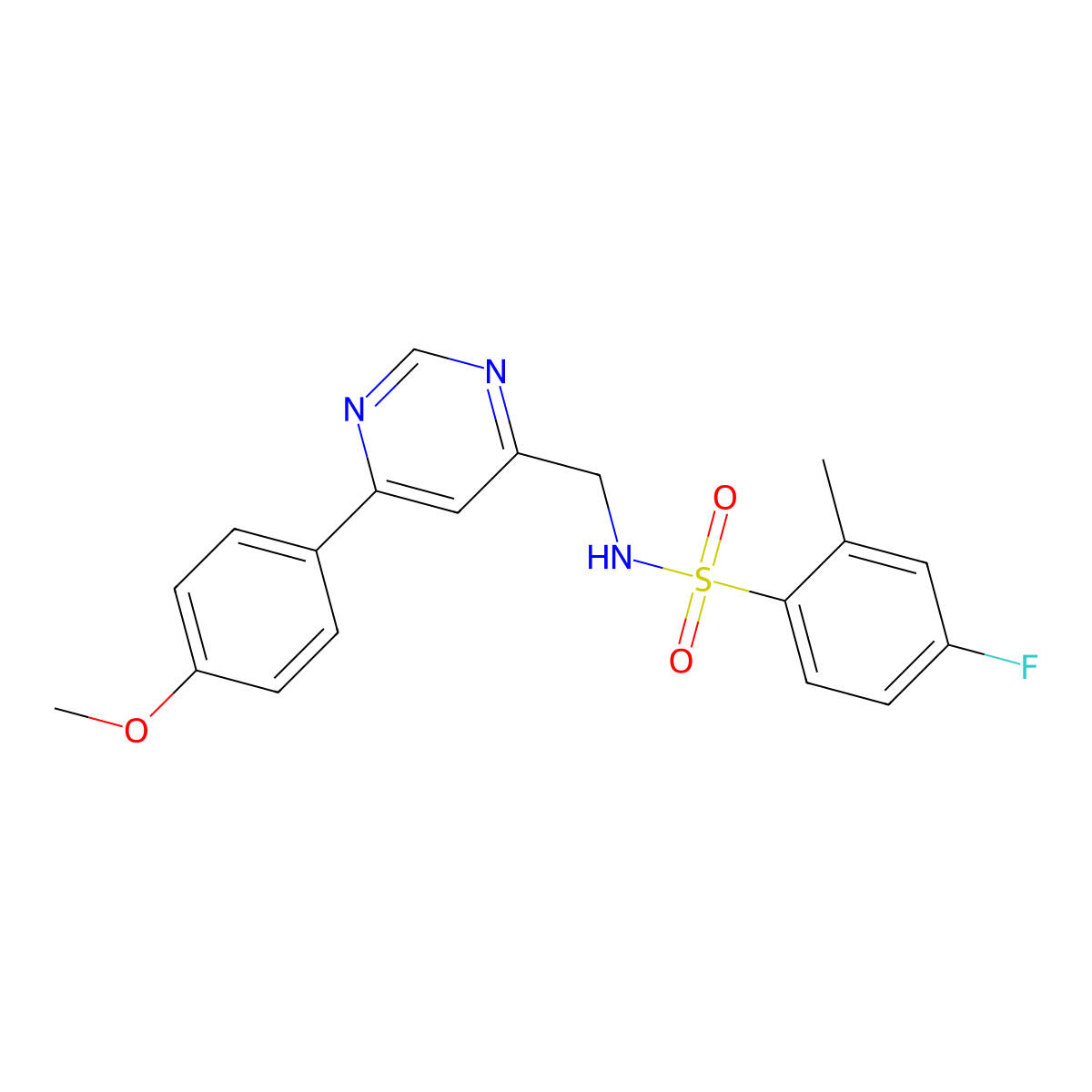 4-fluoro-N-((6-(4-methoxyphenyl)pyrimidin-4-yl)methyl)-2-methylbenzenesulfonamide molecular structure, CAS 2194907-30-5