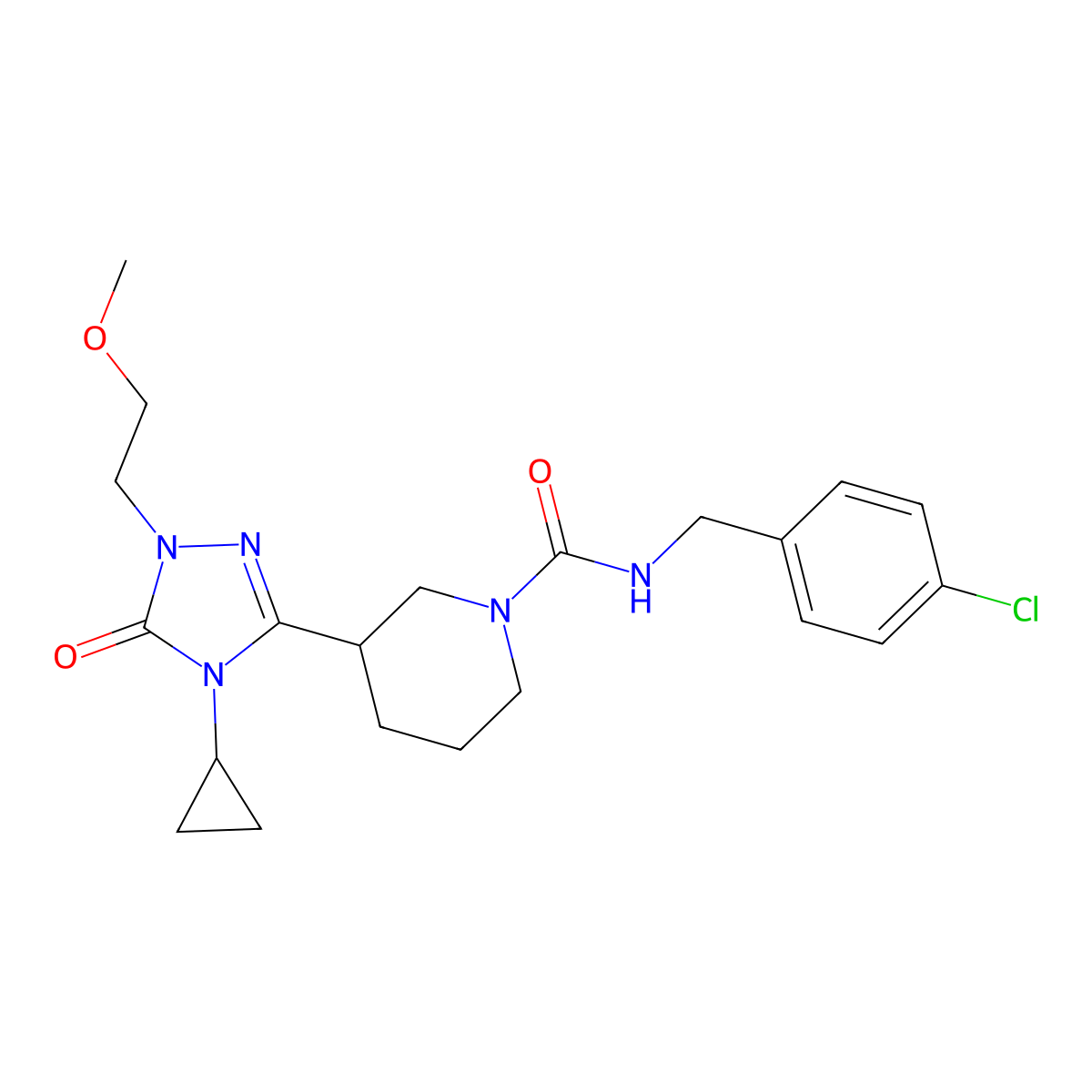 N-(4-chlorobenzyl)-3-(4-cyclopropyl-1-(2-methoxyethyl)-5-oxo-4,5-dihydro-1H-1,2,4-triazol-3-yl)piperidine-1-carboxamide molecular structure, CAS 2194908-74-0