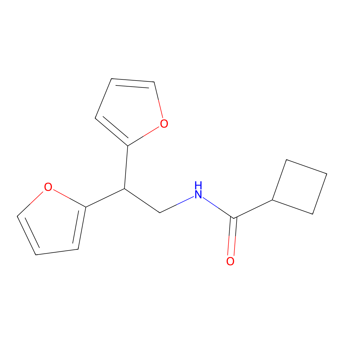 N-[2,2-bis(furan-2-yl)ethyl]cyclobutanecarboxamide molecular structure, CAS 2194908-82-0