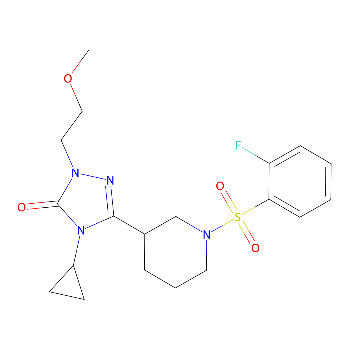 4-cyclopropyl-3-(1-((2-fluorophenyl)sulfonyl)piperidin-3-yl)-1-(2-methoxyethyl)-1H-1,2,4-triazol-5(4H)-one molecular structure, CAS 2194909-11-8