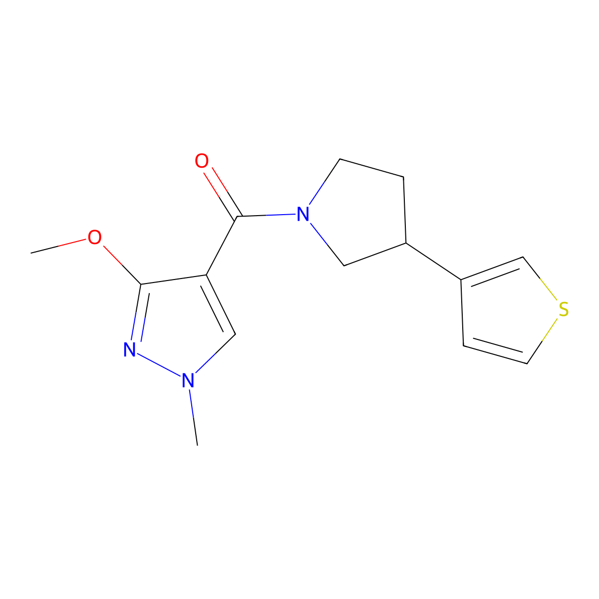 3-methoxy-1-methyl-4-[3-(thiophen-3-yl)pyrrolidine-1-carbonyl]-1H-pyrazole molecular structure, CAS 2194909-55-0
