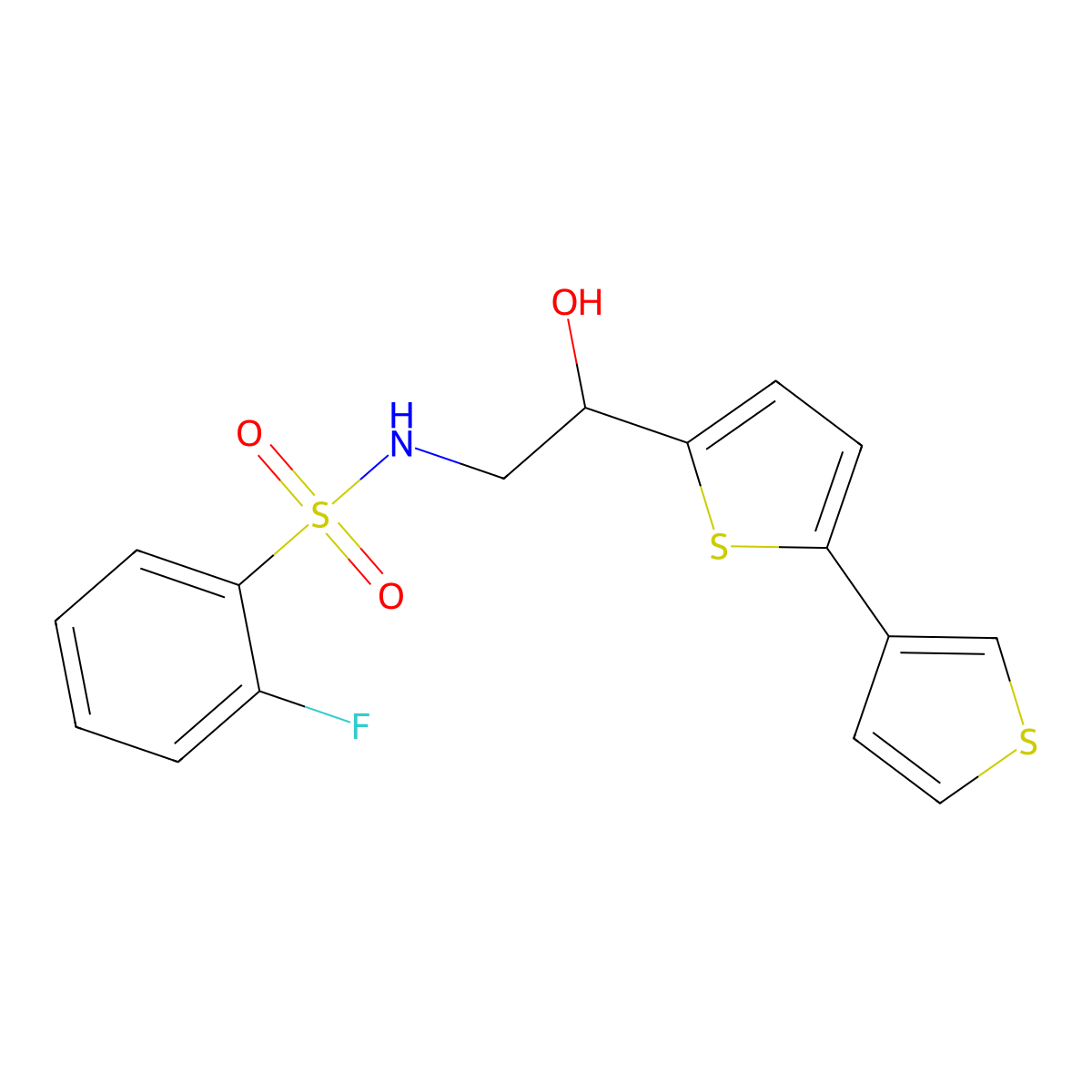 N-(2-([2,3'-bithiophen]-5-yl)-2-hydroxyethyl)-2-fluorobenzenesulfonamide molecular structure, CAS 2194964-78-6