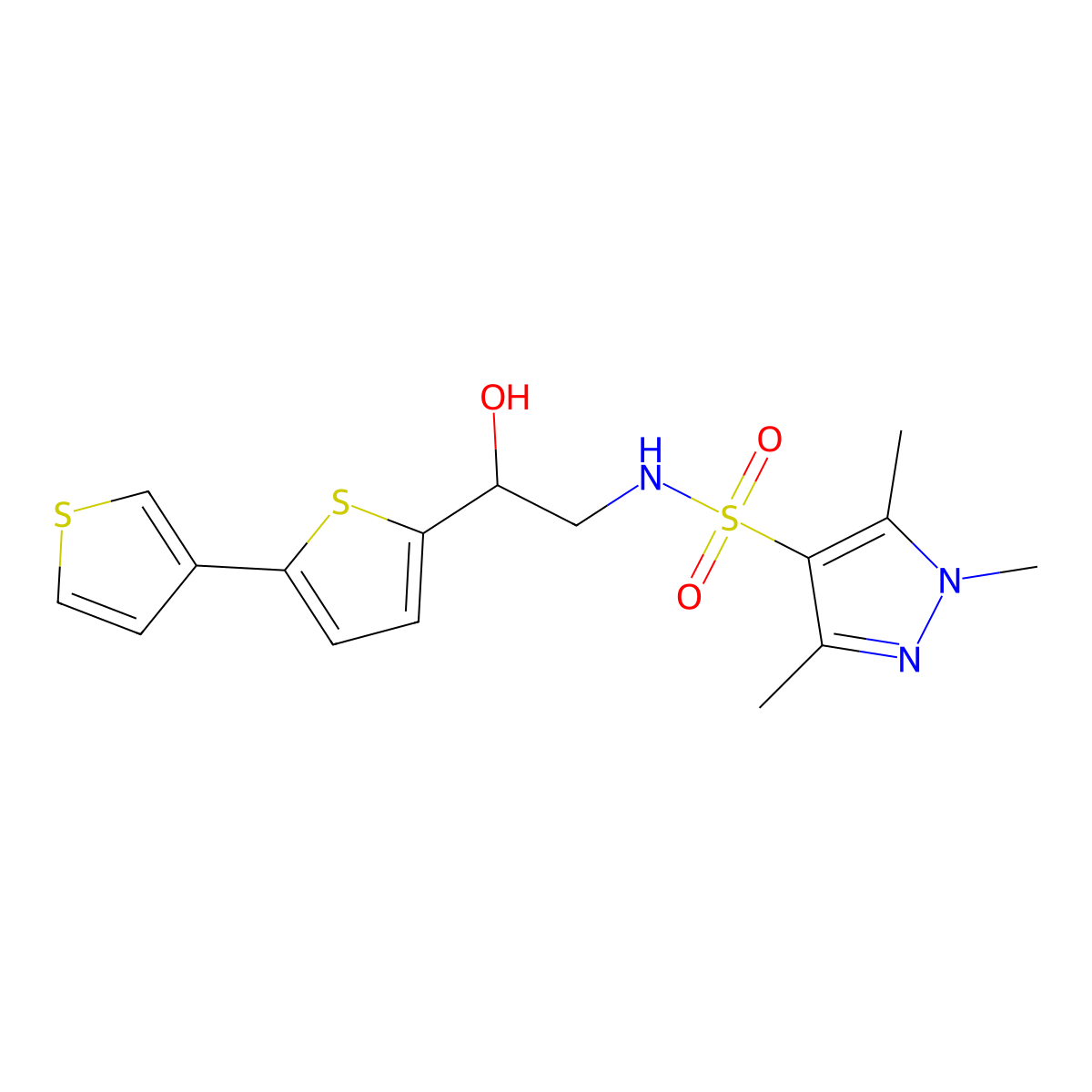N-(2-([2,3'-bithiophen]-5-yl)-2-hydroxyethyl)-1,3,5-trimethyl-1H-pyrazole-4-sulfonamide molecular structure, CAS 2194965-52-9