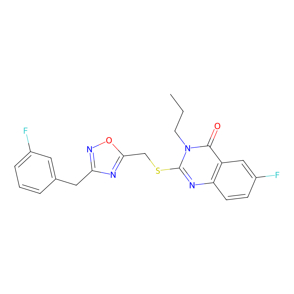 6-Fluoro-2-[({3-[(3-fluorophenyl)methyl]-1,2,4-oxadiazol-5-yl}methyl)sulfanyl]-3-propyl-3,4-dihydroquinazolin-4-one molecular structure, CAS 2194965-65-4