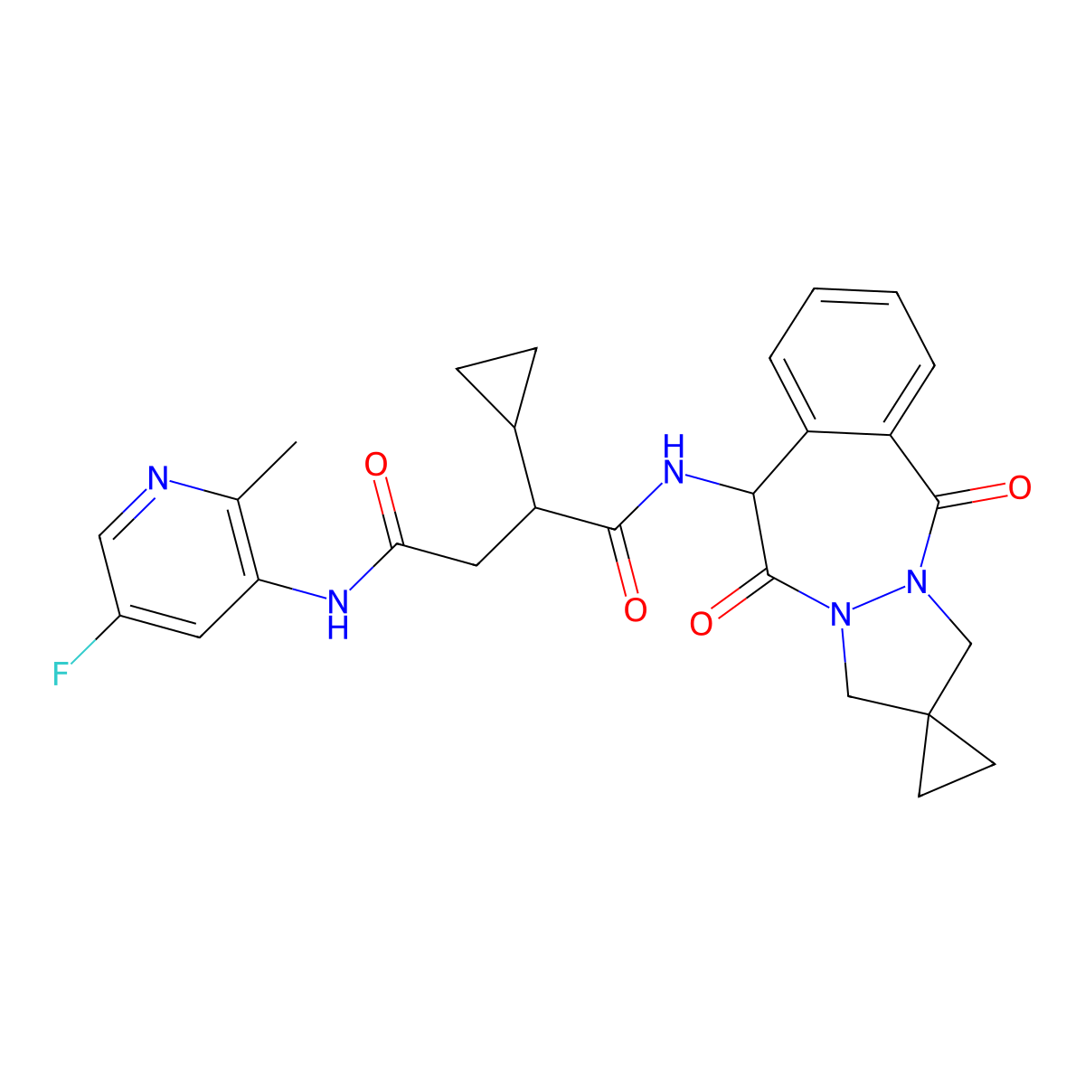 (2S)-2-cyclopropyl-N-[(6S)-5,11-dioxospiro[3,6-dihydro-1H-pyrazolo[1,2-b][2,3]benzodiazepine-2,1'-cyclopropane]-6-yl]-N'-(5-fluoro-2-methylpyridin-3-yl)butanediamide molecular structure, CAS 2195361-33-0