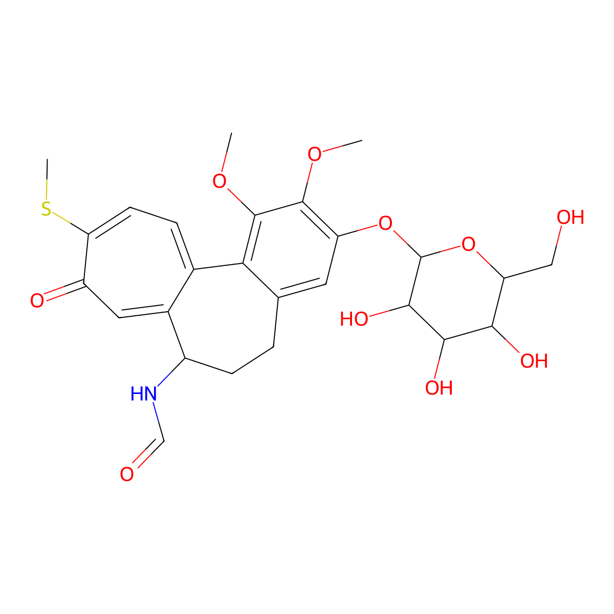 N-((7S)-3-(b-D-Glucopyranosyloxy)-5,6,7,9-tetrahydro-1,2-dimethoxy-10-(methylthio)-9-oxobenzo(a)heptalen-7-yl)formamide molecular structure, CAS 219547-29-2