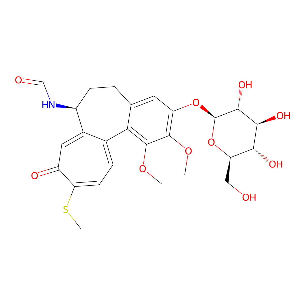 N-((7S)-3-(b-D-Glucopyranosyloxy)-5,6,7,9-tetrahydro-1,2-dimethoxy-10-(methylthio)-9-oxobenzo(a)heptalen-7-yl)formamide molecular structure, CAS 219547-29-2