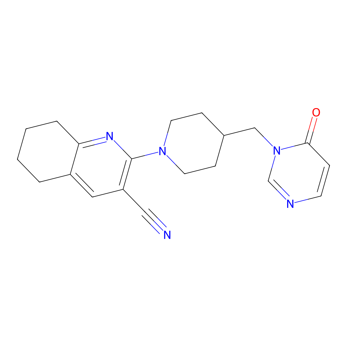 2-{4-[(6-Oxo-1,6-dihydropyrimidin-1-yl)methyl]piperidin-1-yl}-5,6,7,8-tetrahydroquinoline-3-carbonitrile molecular structure, CAS 2195809-29-9