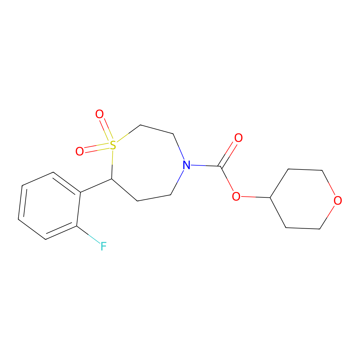Oxan-4-yl 7-(2-fluorophenyl)-1,1-dioxo-1lambda6,4-thiazepane-4-carboxylate molecular structure, CAS 2195875-13-7