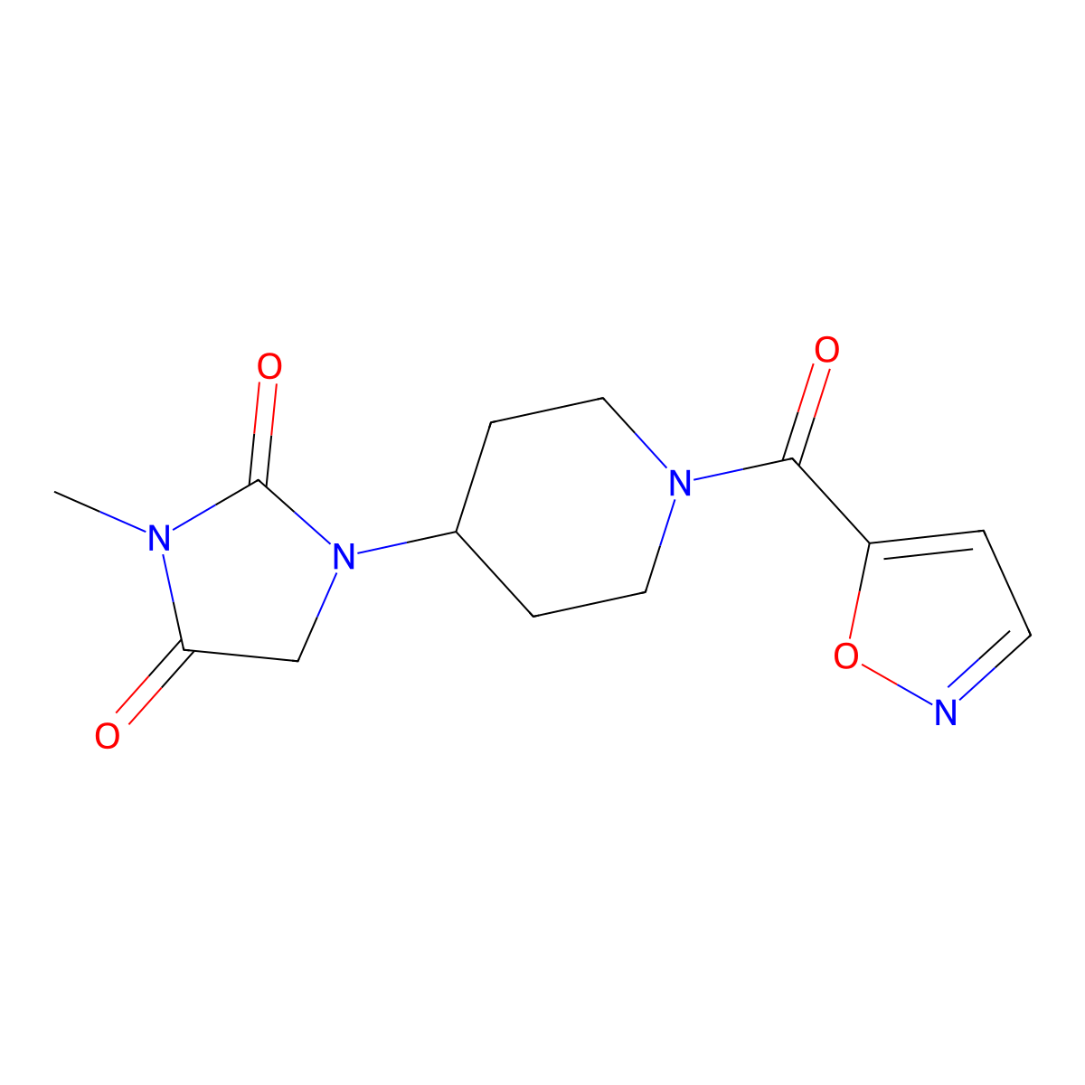 3-Methyl-1-[1-(1,2-oxazole-5-carbonyl)piperidin-4-yl]imidazolidine-2,4-dione molecular structure, CAS 2195877-51-9