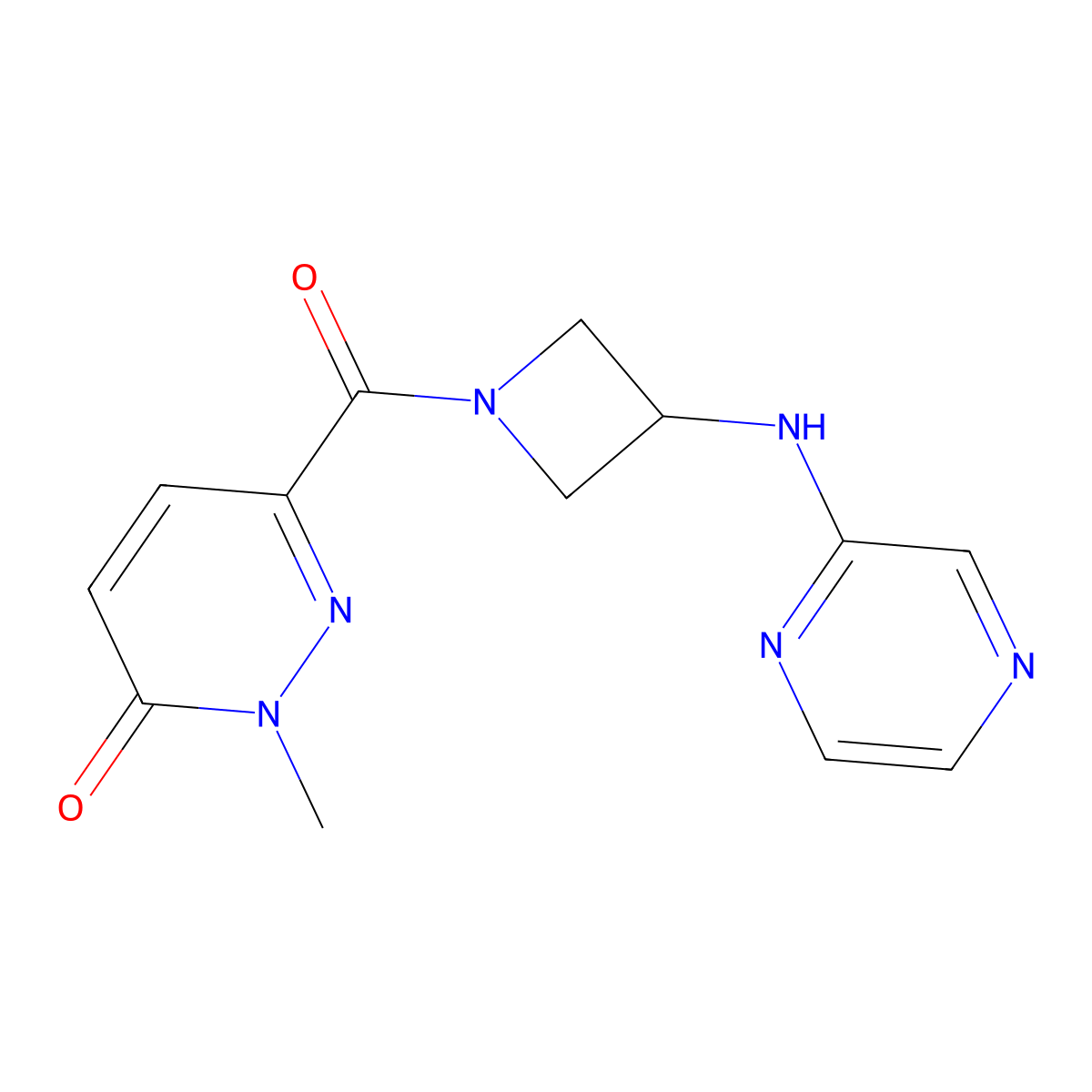 2-methyl-6-(3-(pyrazin-2-ylamino)azetidine-1-carbonyl)pyridazin-3(2H)-one molecular structure, CAS 2195877-55-3
