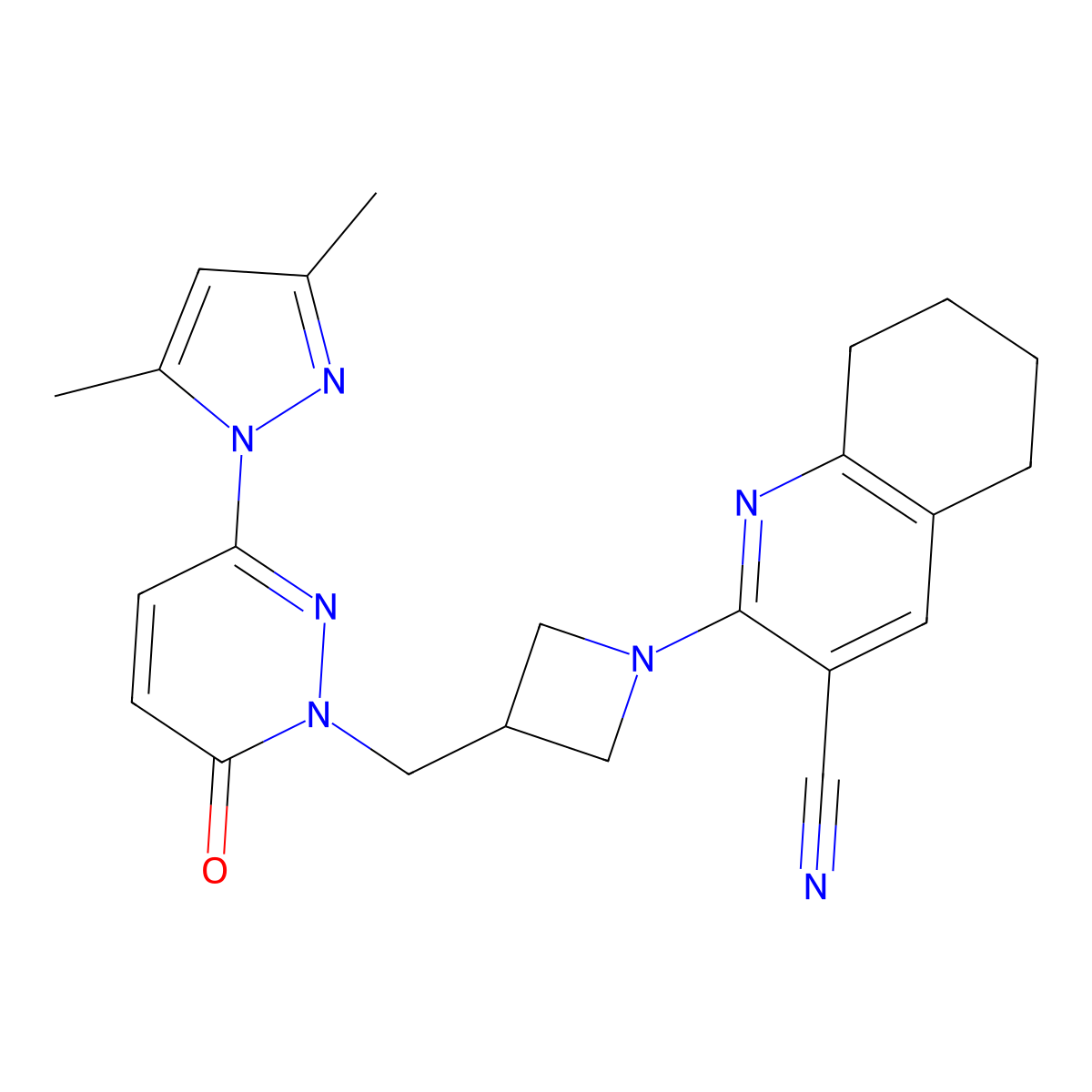 2-(3-{[3-(3,5-dimethyl-1H-pyrazol-1-yl)-6-oxo-1,6-dihydropyridazin-1-yl]methyl}azetidin-1-yl)-5,6,7,8-tetrahydroquinoline-3-carbonitrile molecular structure, CAS 2195879-02-6