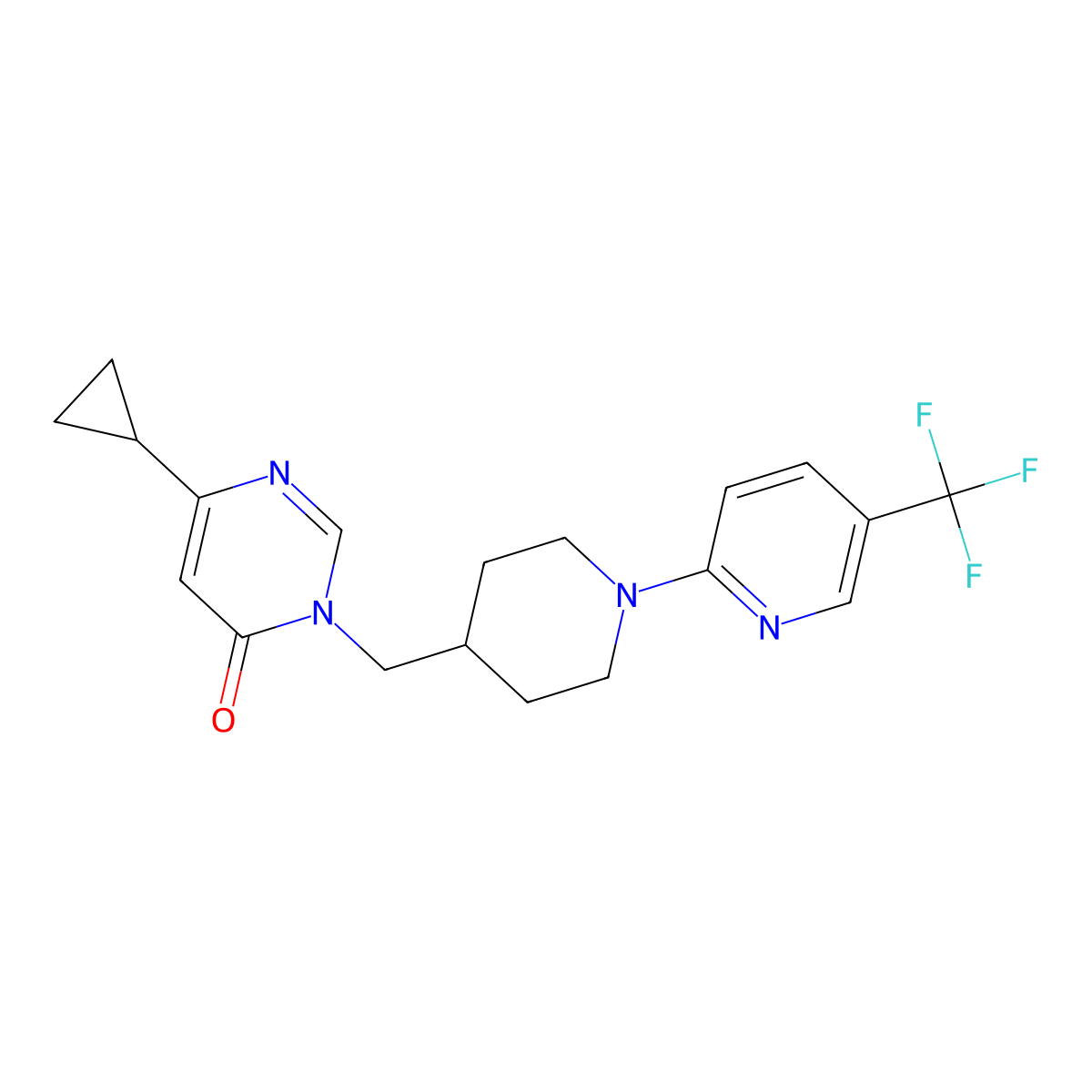 6-Cyclopropyl-3-({1-[5-(trifluoromethyl)pyridin-2-yl]piperidin-4-yl}methyl)-3,4-dihydropyrimidin-4-one molecular structure, CAS 2195880-34-1
