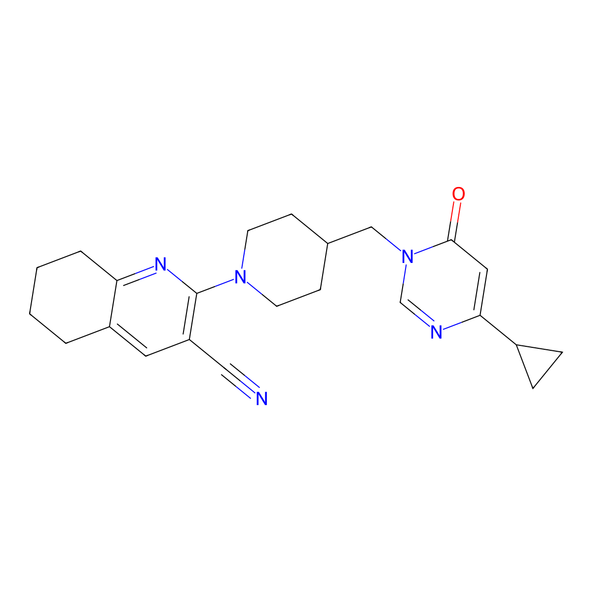 2-{4-[(4-Cyclopropyl-6-oxo-1,6-dihydropyrimidin-1-yl)methyl]piperidin-1-yl}-5,6,7,8-tetrahydroquinoline-3-carbonitrile molecular structure, CAS 2195882-15-4