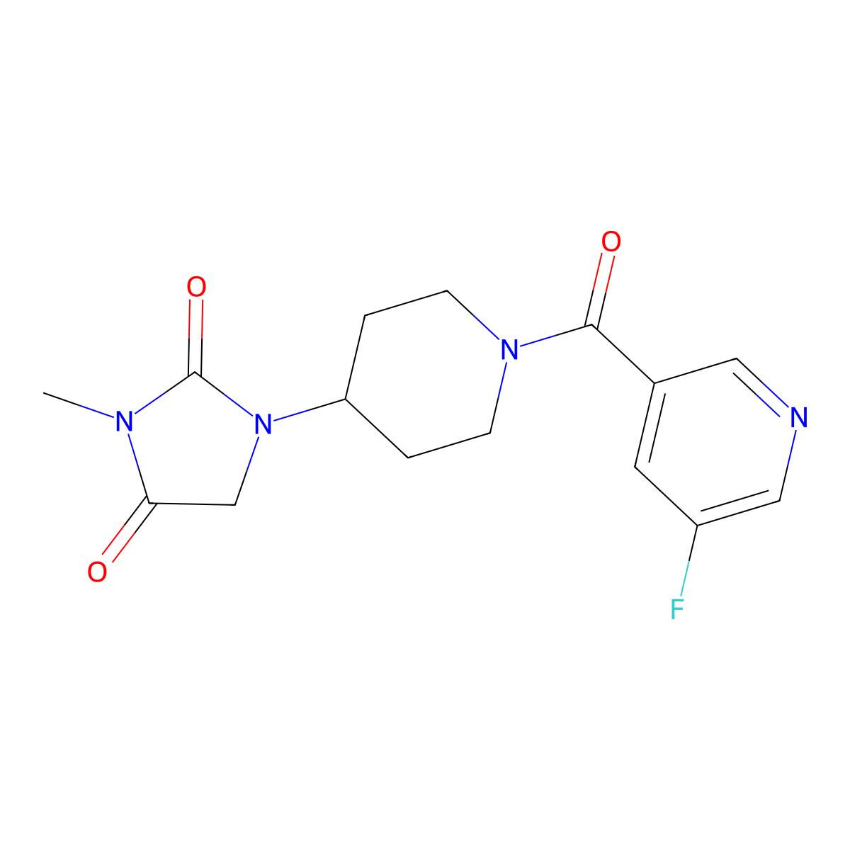 1-[1-(5-Fluoropyridine-3-carbonyl)piperidin-4-yl]-3-methylimidazolidine-2,4-dione molecular structure, CAS 2195882-37-0