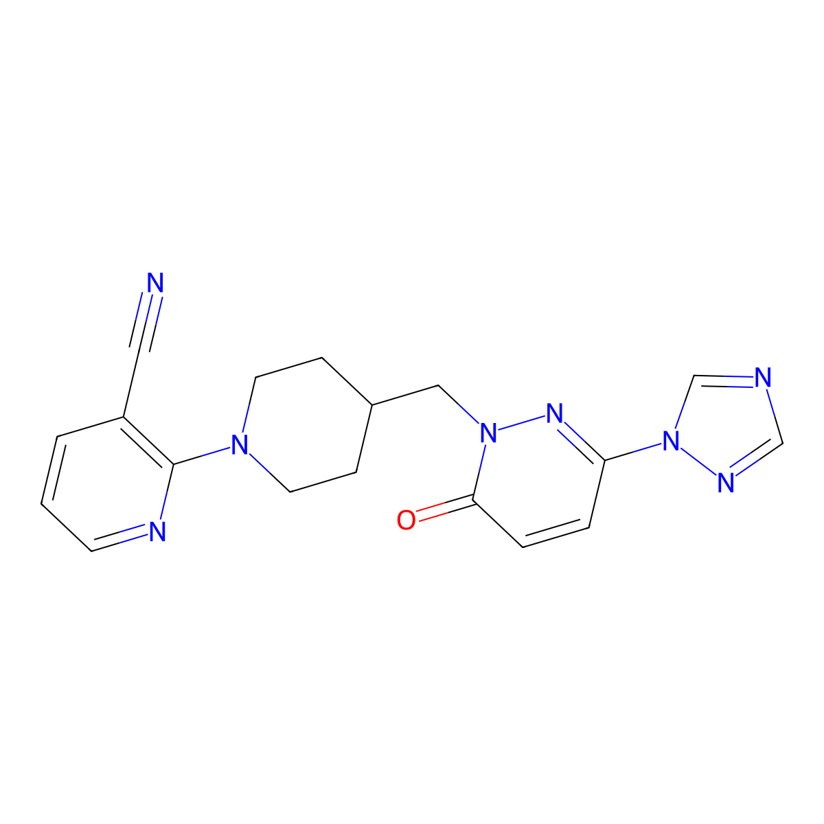 2-(4-{[6-oxo-3-(1H-1,2,4-triazol-1-yl)-1,6-dihydropyridazin-1-yl]methyl}piperidin-1-yl)pyridine-3-carbonitrile molecular structure, CAS 2195883-29-3