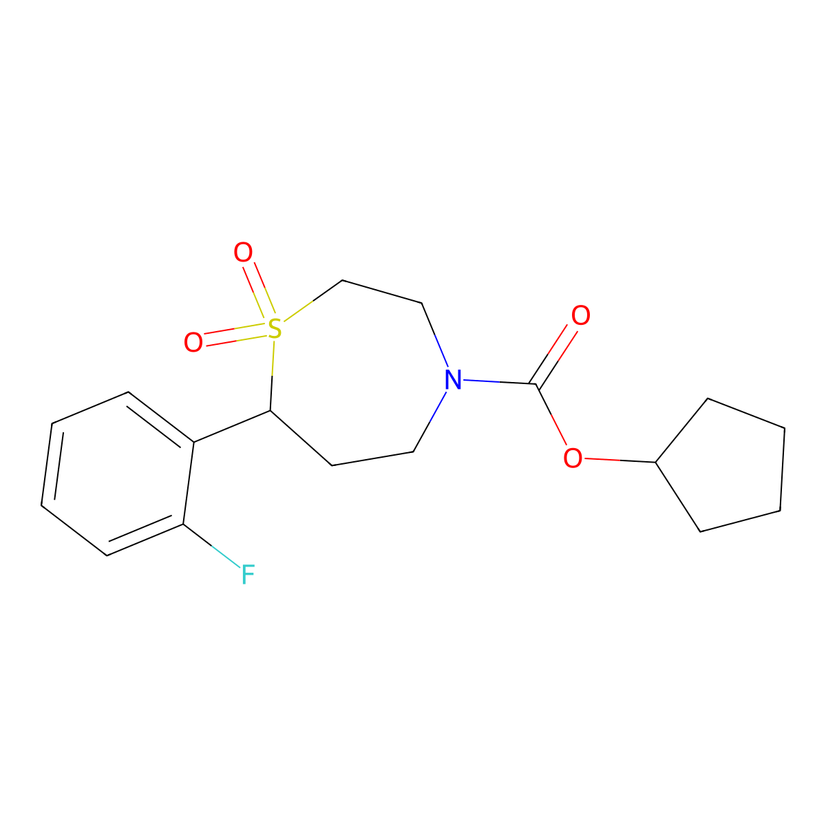 Cyclopentyl 7-(2-fluorophenyl)-1,4-thiazepane-4-carboxylate 1,1-dioxide molecular structure, CAS 2195937-58-5
