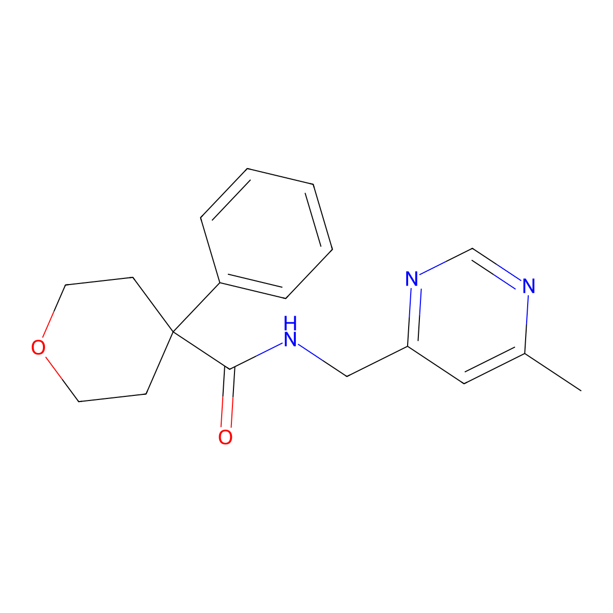 N-[(6-methylpyrimidin-4-yl)methyl]-4-phenyloxane-4-carboxamide molecular structure, CAS 2195938-57-7