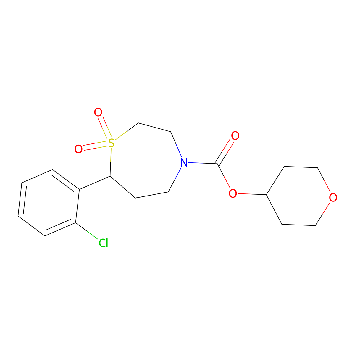 tetrahydro-2H-pyran-4-yl 7-(2-chlorophenyl)-1,4-thiazepane-4-carboxylate 1,1-dioxide molecular structure, CAS 2195938-88-4