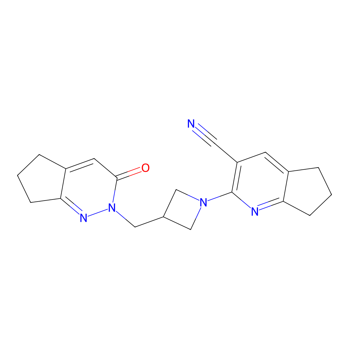 2-[3-({3-oxo-2H,3H,5H,6H,7H-cyclopenta[c]pyridazin-2-yl}methyl)azetidin-1-yl]-5H,6H,7H-cyclopenta[b]pyridine-3-carbonitrile molecular structure, CAS 2195939-32-1