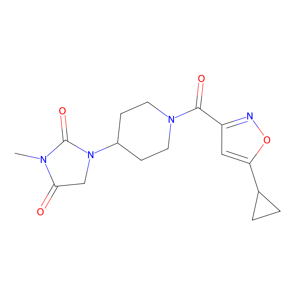 1-[1-(5-Cyclopropyl-1,2-oxazole-3-carbonyl)piperidin-4-yl]-3-methylimidazolidine-2,4-dione molecular structure, CAS 2195940-14-6