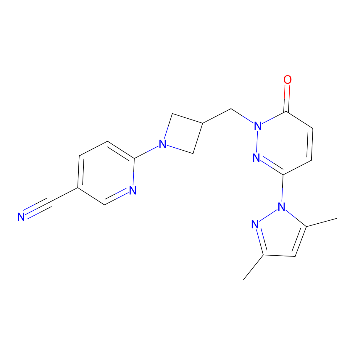 6-(3-{[3-(3,5-dimethyl-1H-pyrazol-1-yl)-6-oxo-1,6-dihydropyridazin-1-yl]methyl}azetidin-1-yl)pyridine-3-carbonitrile molecular structure, CAS 2195940-95-3