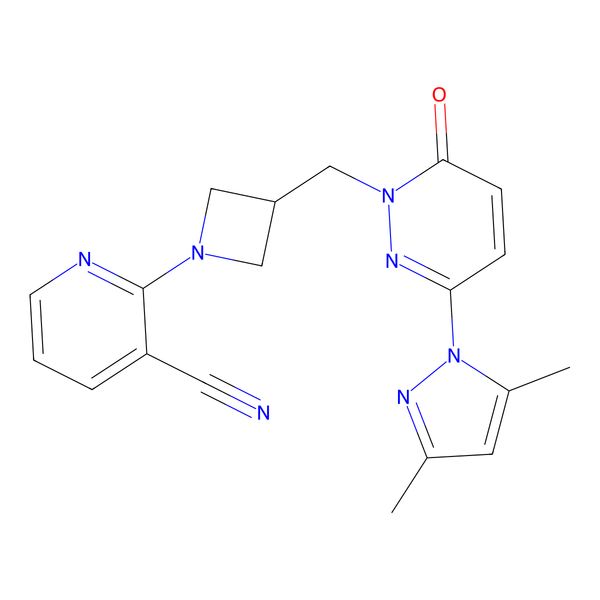 2-(3-{[3-(3,5-dimethyl-1H-pyrazol-1-yl)-6-oxo-1,6-dihydropyridazin-1-yl]methyl}azetidin-1-yl)pyridine-3-carbonitrile molecular structure, CAS 2195941-11-6