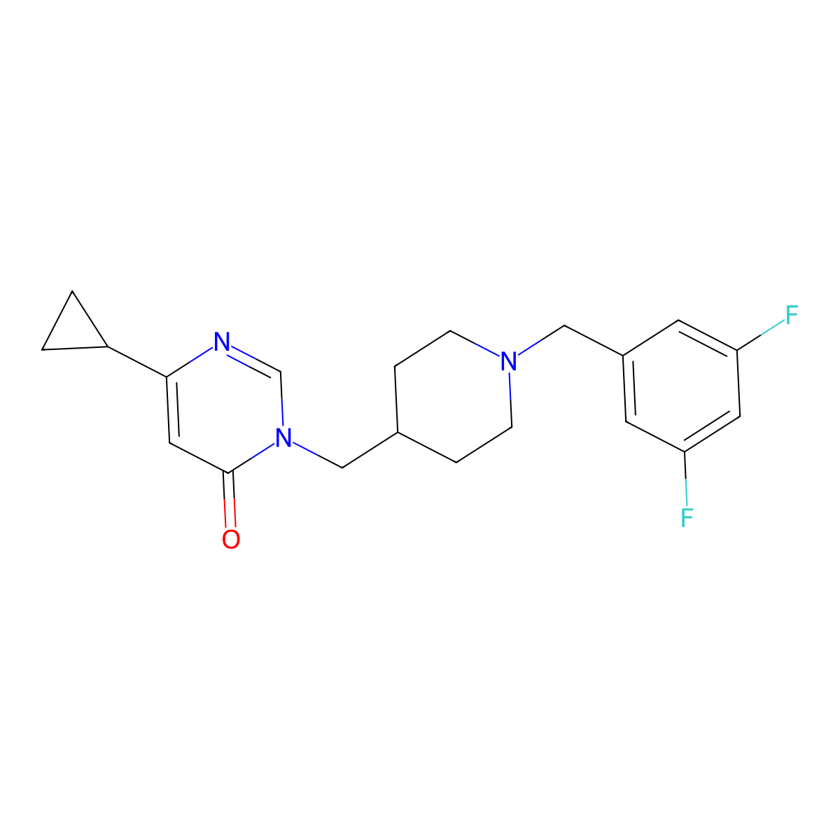 6-Cyclopropyl-3-({1-[(3,5-difluorophenyl)methyl]piperidin-4-yl}methyl)-3,4-dihydropyrimidin-4-one molecular structure, CAS 2195941-76-3