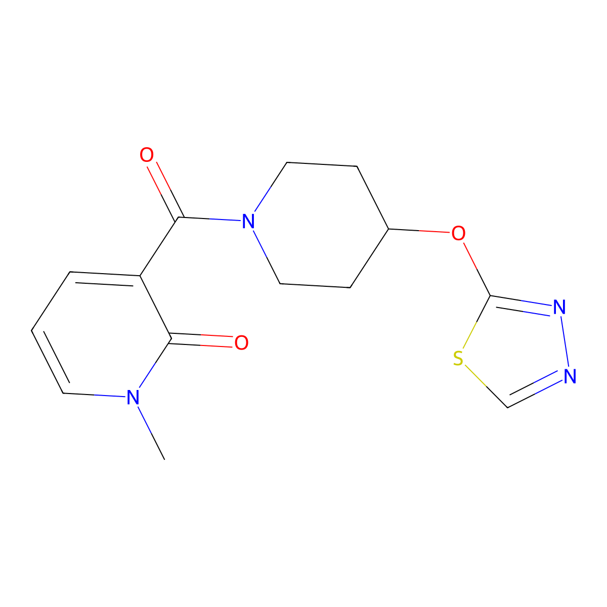 1-Methyl-3-[4-(1,3,4-thiadiazol-2-yloxy)piperidine-1-carbonyl]-1,2-dihydropyridin-2-one molecular structure, CAS 2195942-24-4