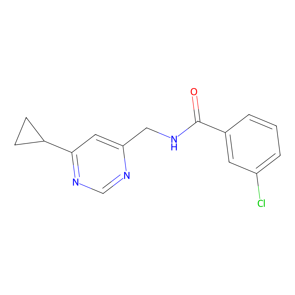 3-chloro-N-[(6-cyclopropylpyrimidin-4-yl)methyl]benzamide molecular structure, CAS 2195951-21-2