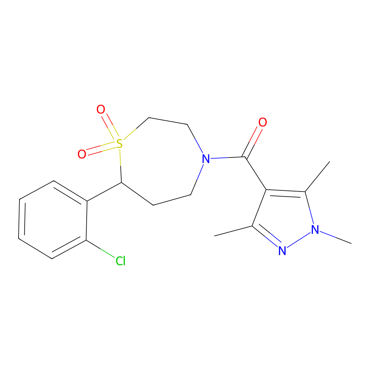 (7-(2-chlorophenyl)-1,1-dioxido-1,4-thiazepan-4-yl)(1,3,5-trimethyl-1H-pyrazol-4-yl)methanone molecular structure, CAS 2195953-39-8