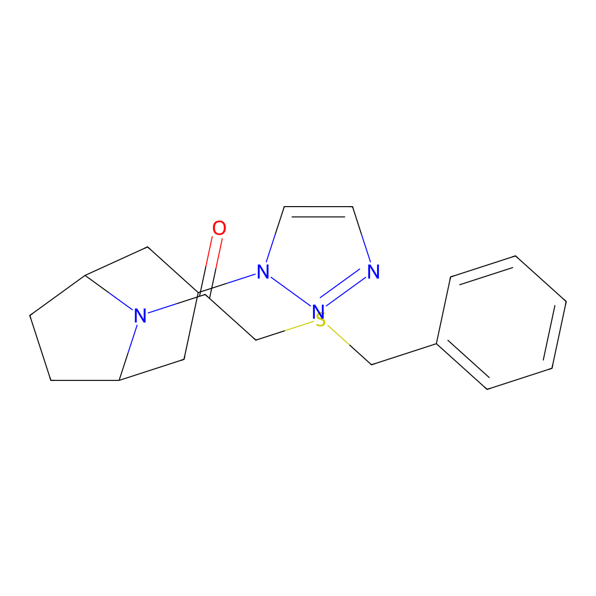 2-(benzylsulfanyl)-1-[3-(1H-1,2,3-triazol-1-yl)-8-azabicyclo[3.2.1]octan-8-yl]ethan-1-one molecular structure, CAS 2195953-71-8