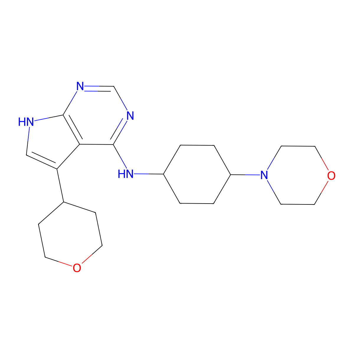 N-(trans-4-Morpholinocyclohexyl)-5-(tetrahydro-2H-pyran-4-yl)-7H-pyrrolo[2,3-d]pyrimidin-4-amine molecular structure, CAS 2196204-23-4