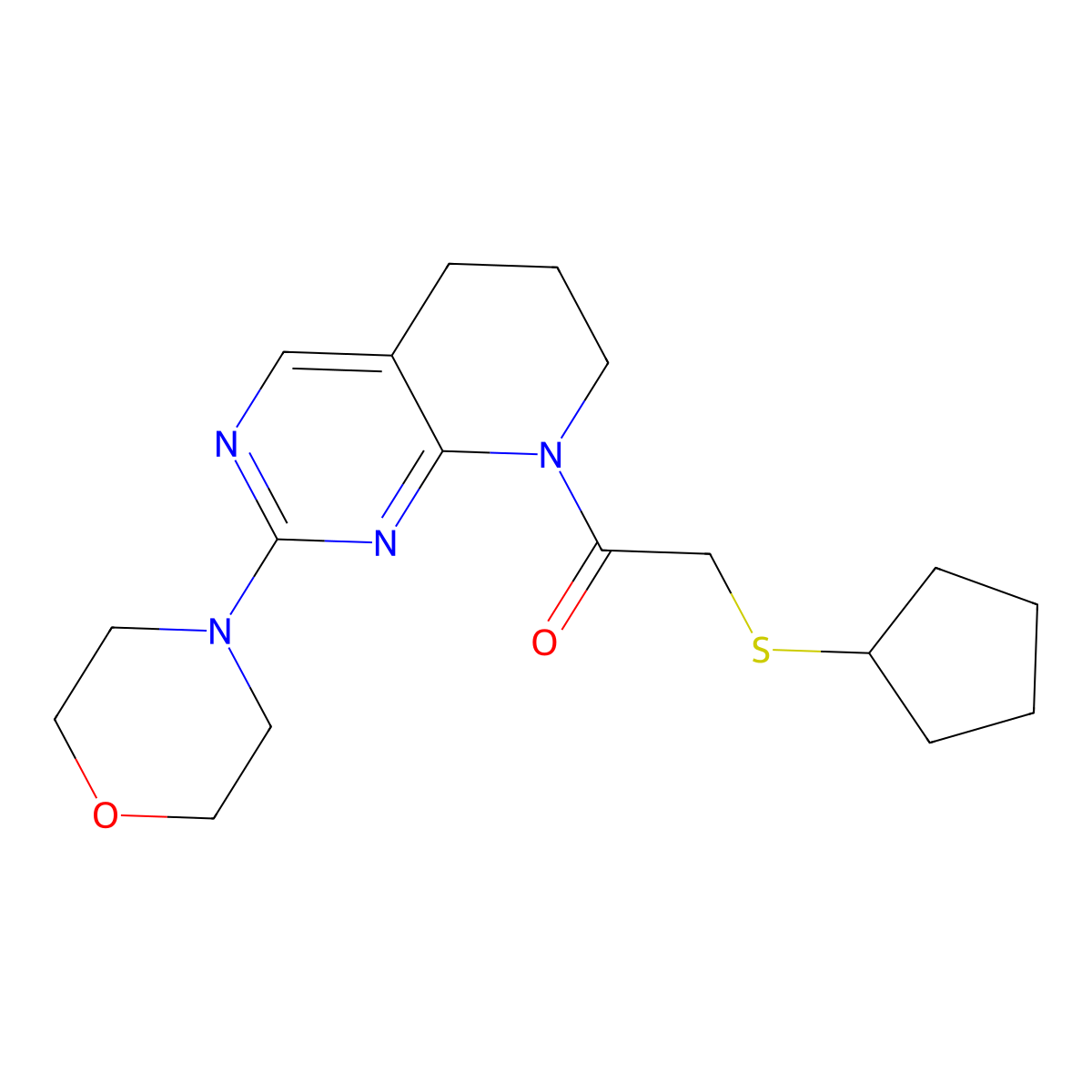 2-(cyclopentylsulfanyl)-1-[2-(morpholin-4-yl)-5H,6H,7H,8H-pyrido[2,3-d]pyrimidin-8-yl]ethan-1-one molecular structure, CAS 2196215-25-3