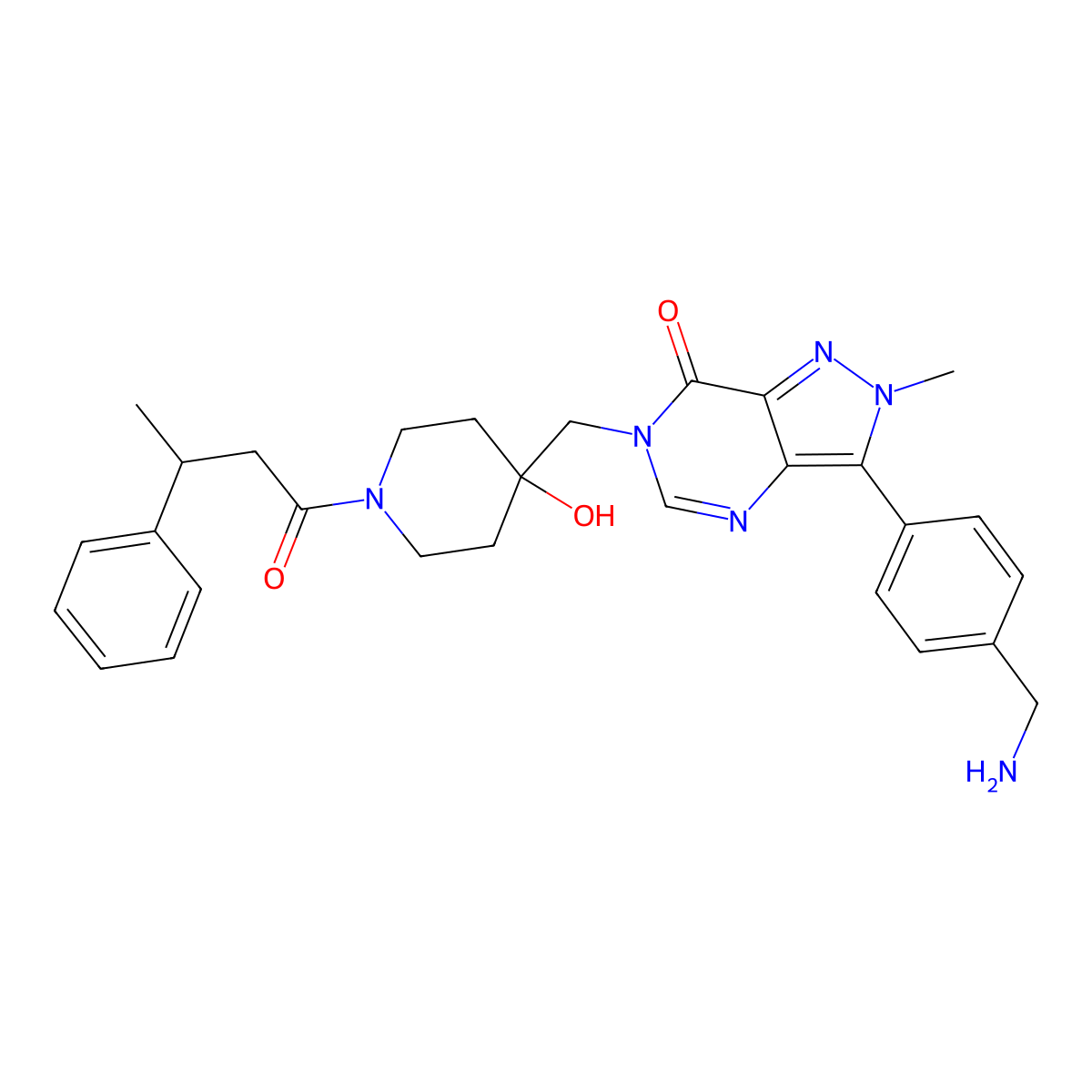 (R)-3-(4-(Aminomethyl)phenyl)-6-((4-hydroxy-1-(3-phenylbutanoyl)piperidin-4-yl)methyl)-2-methyl-2H-pyrazolo[4,3-d]pyrimidin-7(6H)-one molecular structure, CAS 2196243-57-7