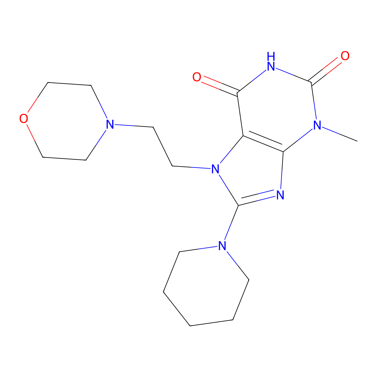 3-Methyl-7-(2-morpholin-4-ylethyl)-8-piperidin-1-ylpurine-2,6-dione molecular structure, CAS 2196259-35-3