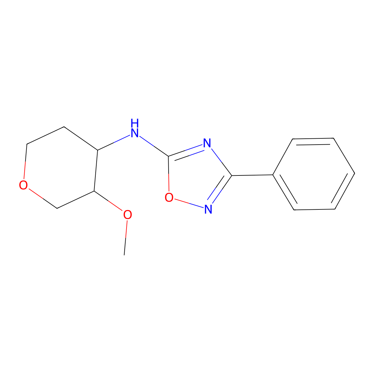 N-[(3R,4S)-3-Methoxyoxan-4-yl]-3-phenyl-1,2,4-oxadiazol-5-amine molecular structure, CAS 2196360-00-4