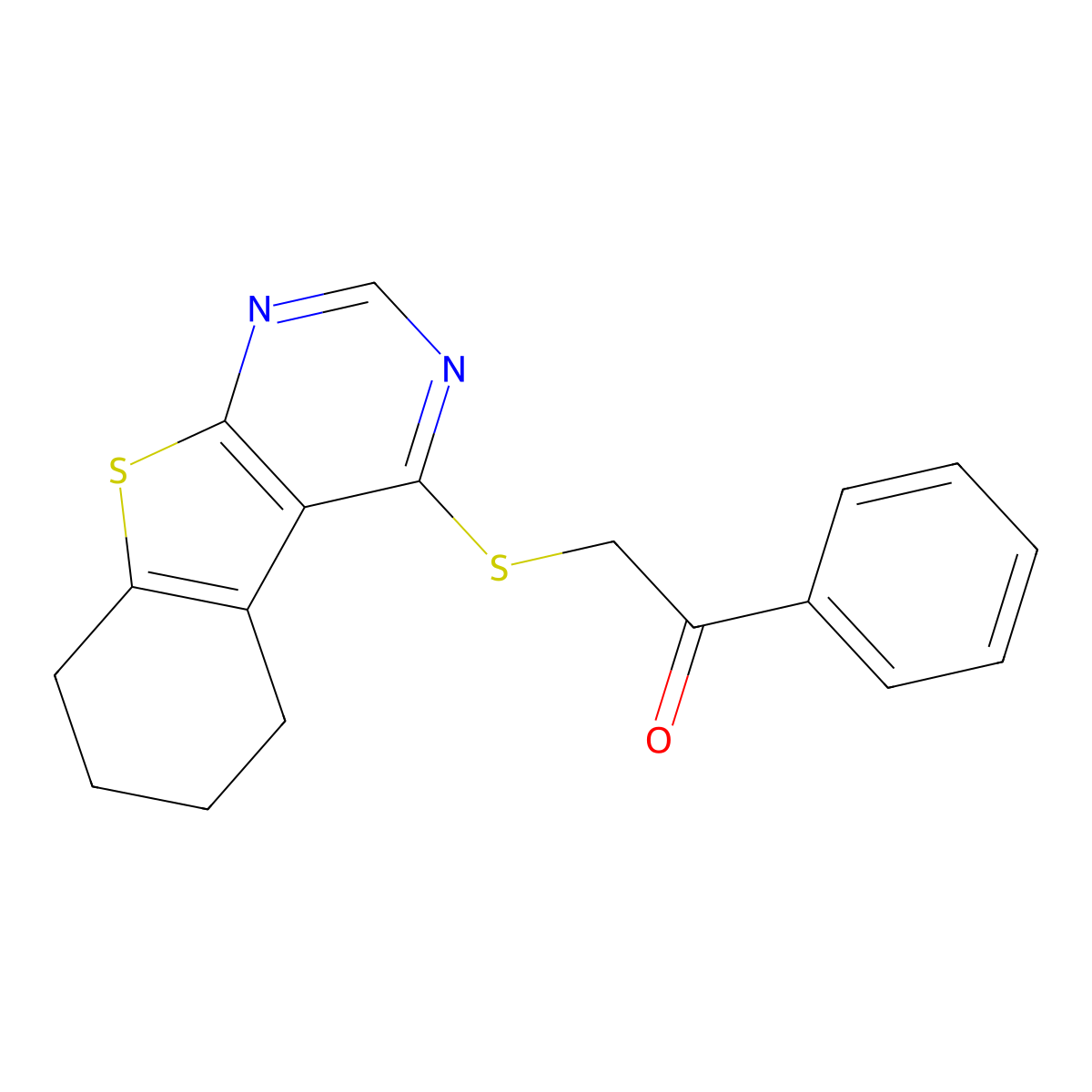 1-Phenyl-2-(5,6,7,8-tetrahydro-benzo[4,5]thieno[2,3-d]pyrimidin-4-ylsulfanyl)-ethanone molecular structure, CAS 219655-02-4