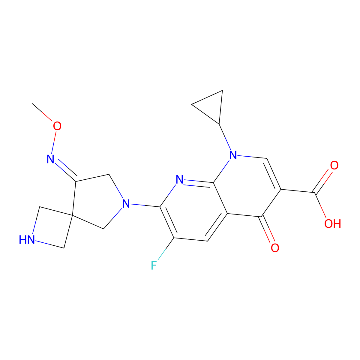 (E)-1-cyclopropyl-6-fluoro-7-(8-(methoxyimino)-2,6-diazaspiro[3.4]octan-6-yl)-4-oxo-1,4-dihydro-1,8-naphthyridine-3-carboxylic acid molecular structure, CAS 219680-11-2