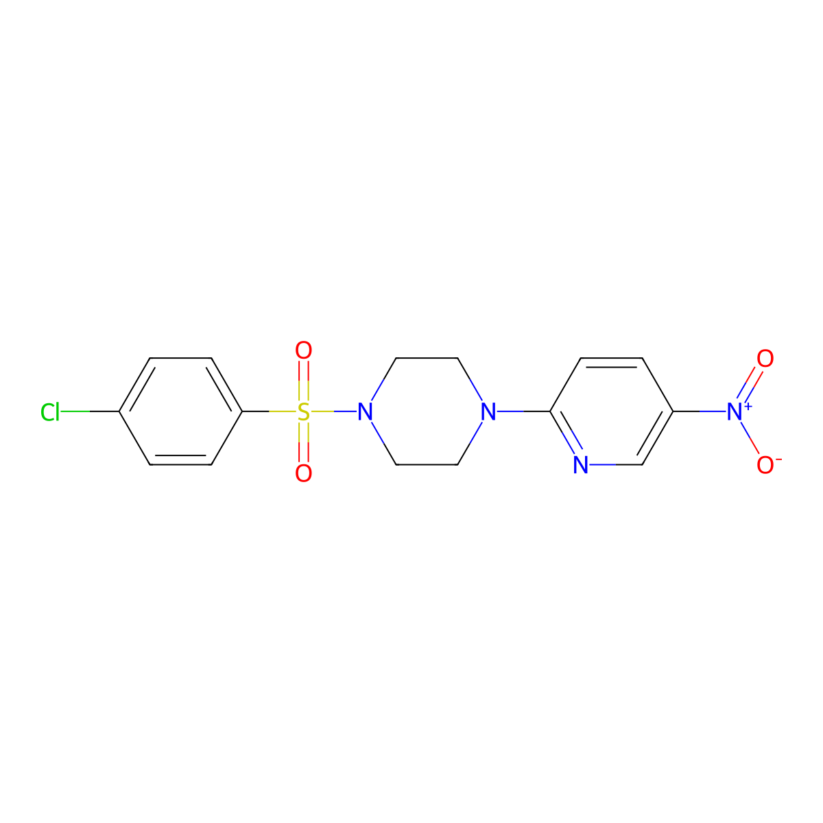 Piperazine, 1-[(4-chlorophenyl)sulfonyl]-4-(5-nitro-2-pyridinyl)- molecular structure, CAS 219689-75-5