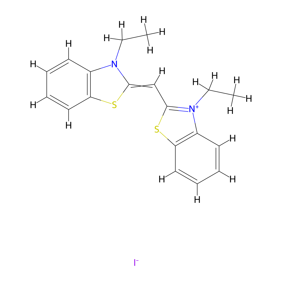 Benzothiazolium, 3-ethyl-2-[(3-ethyl-2(3H)-benzothiazolylidene)methyl]-, iodide molecular structure, CAS 2197-01-5