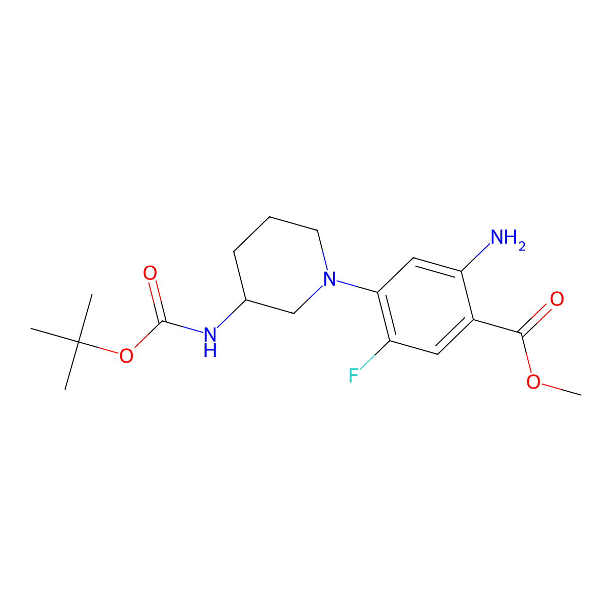 methyl 2-amino-4-[(3S)-3-{[(tert-butoxy)carbonyl]amino}piperidin-1-yl]-5-fluorobenzoate molecular structure, CAS 2197029-53-9